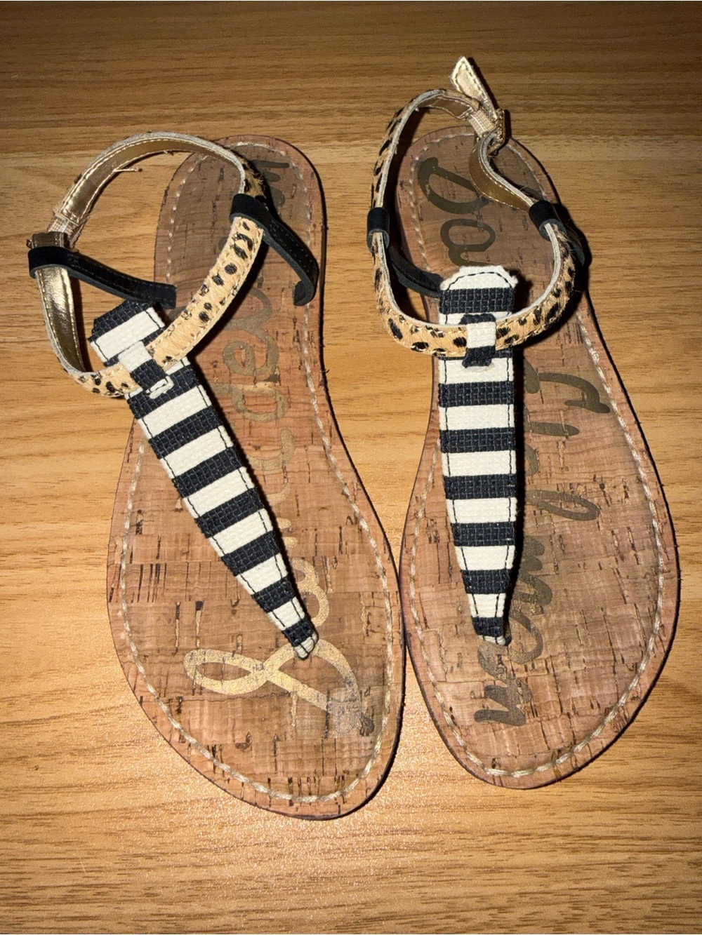 Striped Black & Cream T-Strap Cork Sandals - Sam Edelman